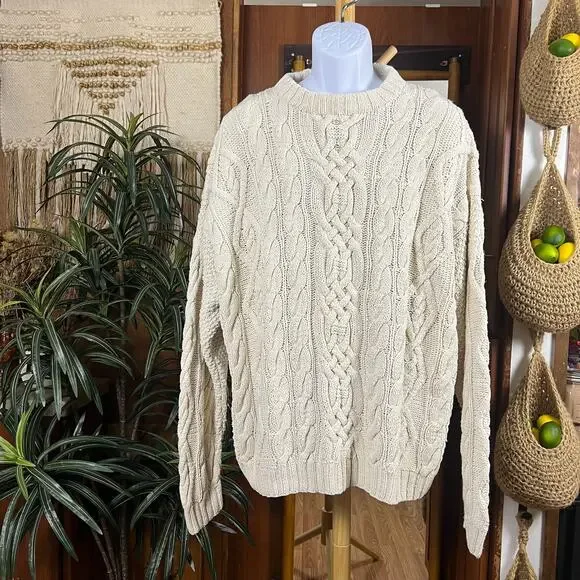 Vintage 80s Abercrombie Cable Knit Fisherman Sweater XL Ivory Oversized Big Tag - Picture 1 of 9